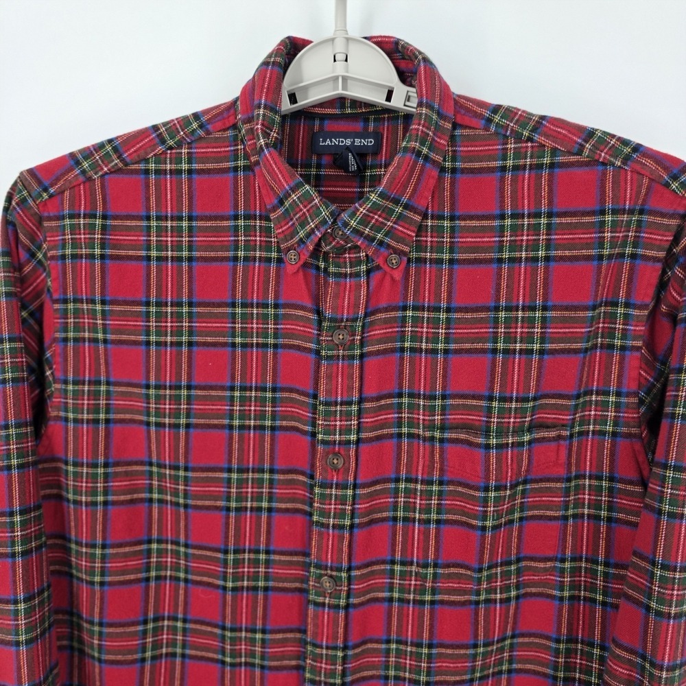 Lands' End Flannel Shirt Men's Large Red Plaid Traditional Fit Cotton Button - Picture 2 of 9